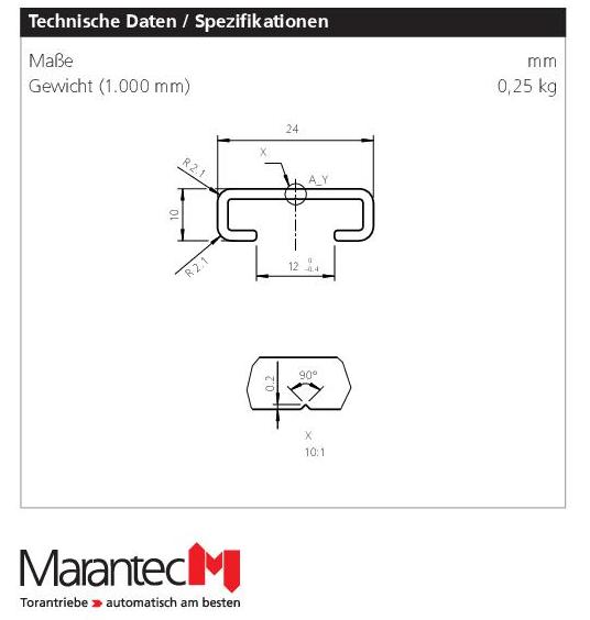 Marantec Aluminium C-Profil zur Aufnahme von Torabschlußprofil, pro Meter neu