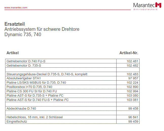 Marantec Ersatzteileliste  für schwere Drehtore Dynamic 735, 740