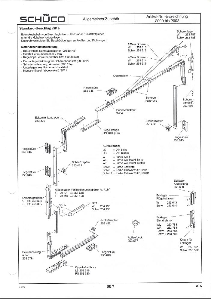 Übersicht Ersatzteile für Schüco Kunststoff Fenster aus den Jahren 2000 bis 2002 SF1