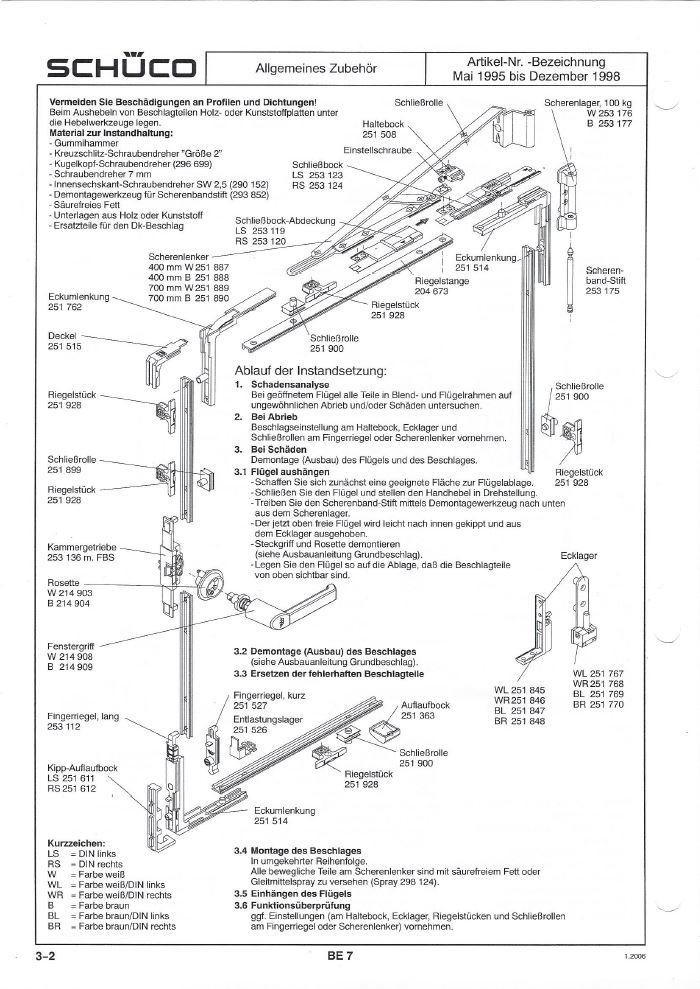 Übersicht Ersatzeile für Schüco Kunststoff Fenster Fenster aus den Jahren 1995- Dezember 1998