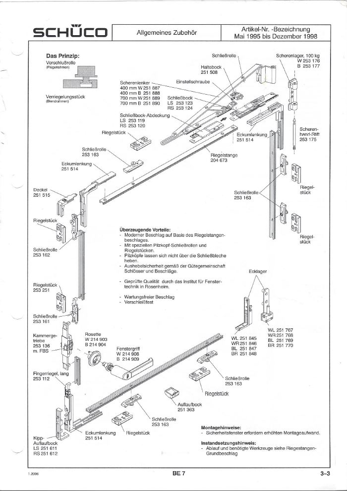 Übersicht Ersatzteile für Schüco Kunststoff Fenster aus den Jahren Mai 1995- Dezember 1998