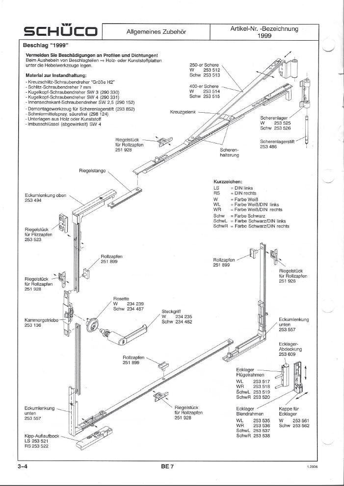 Übersicht Ersatzteile für Schüco Kunststoff Fenster aus dem Jahr 1999