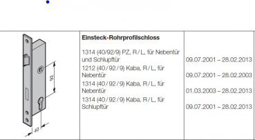 Hörmann Einsteck-Rohrprofilschloss 1212 (40-92-9) Kaba Rechts / links  für Nebentür, 3043327