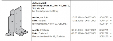 Hörmann Aufsetzstück links Edelstahl für Beschlagsart Baureihe 30, 40, 50. 3072272
