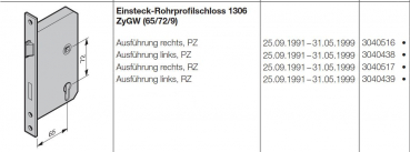 Hörmann Einsteck-Rohrprofilschloss 1306, ZyGW (65/72/9) links PZ Baureihe 30 (Privat Tor), 3040438