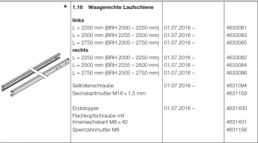 Hörmann waagerechte Laufschiene rechts L = 2250 mm, Doppelgaragen-Schwingtor N 500, 4633082