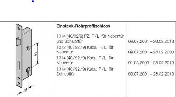 Hörmann Einsteck-Rohrprofilschloss 1314 (40 / 92 / 9) Kaba, R / L, für  Nebentür, 3070063