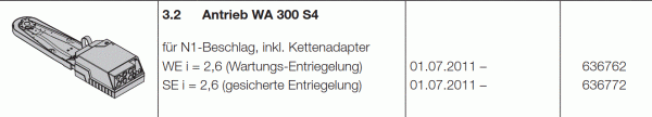 Hörmann Ersatz Antrieb WA 300 S4 für N1-Beschlag mit Kettenadapter WE i = 2-6-Wartungs-Entriegelung, 636762