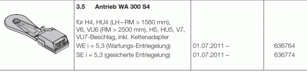 Hörmann Ersatz Antrieb WA 300 S4 WE i = 3,6 (gesicherte Entriegelung), 636773
