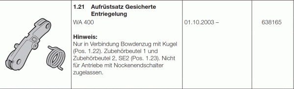 Hörmann Aufrüstsatz gesicherte Entriegelung, Industrieantriebe WA 500 FU, 638165