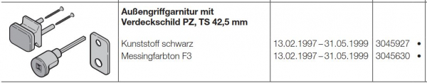 Hörmann Außengriffgarnitur mit Verdeckschild PZ, TS 42,5 mm, Baureihe 30 (Privat-Tor), 3045927