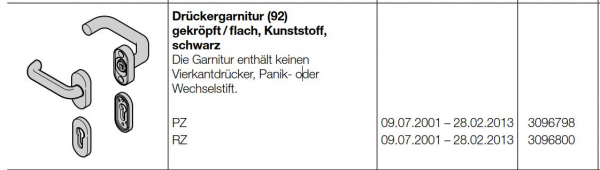 Hörmann Drückergarnitur (92) gekröpft / flach, Kunststoff, schwarz PZ Baureihe 40, 50, 60, 3050966, 3096798