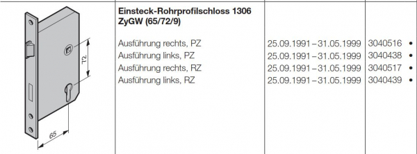 Hörmann Einsteck-Rohrprofilschloss 1306, ZyGW (65/72/9) rechts PZ Baureihe 30 (Privat Tor), 3040516