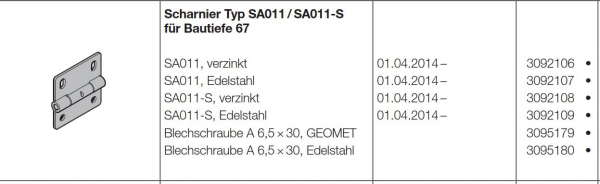 Hörmann Scharnier Typ SA011-S Edelstahl für Bautiefe 67 für die Industrie-Baureihe 50