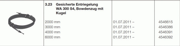 Hörmann Gesicherte Entriegelung WA 300 S4, Bowdenzug mit Kugel 6000 mm, 4546392