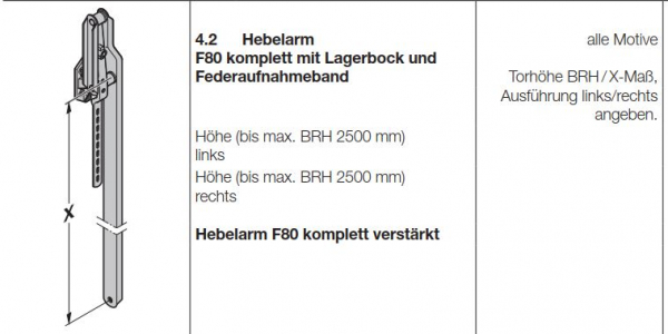 Hörmann Hebelarm F80 komplett für die Torhöhe 2090 mm von innen gesehen links, 1249547