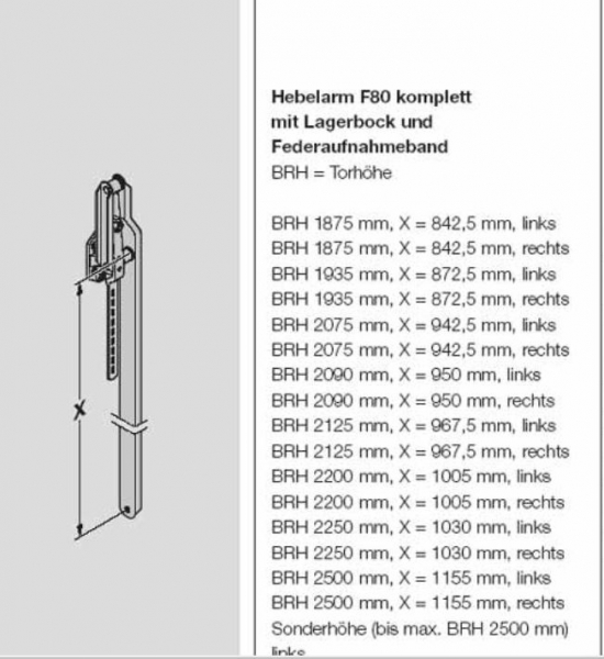 Hörmann Hebelarm F80 komplett für die Torhöhe 2125 mm von innen gesehen rechts, 1249552
