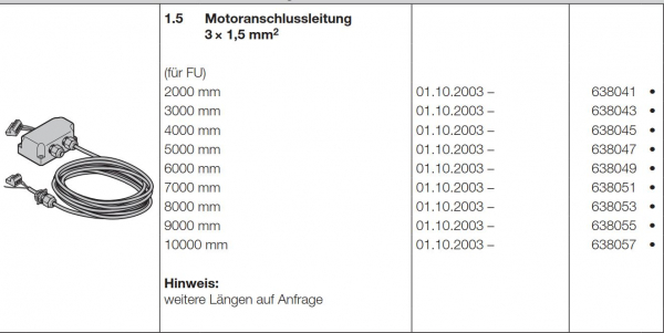 Hörmann Motoranschlussleitung 3 × 1-5 mm² Industrieantriebe WA 400, ITO 400, 638041, 638043, 638045, 638047, 638049, 638051, 638053, 638055, 638057