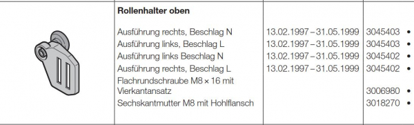 Hörmann Rollenhalter oben mit Laufrolle links / rechts für Baureihe 30, 40 (Privat-Tore), 3045402, 3045187