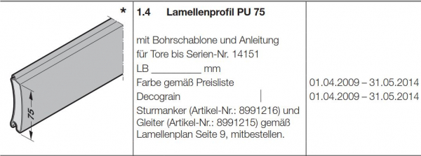 Hörmann Lamellenprofil PU 75 Farbe gemäß Preisliste, 8991301