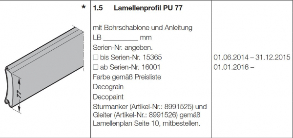 Hörmann Lamellenprofil PU 77 Farbe gemäß Preisliste, 8991304