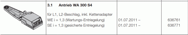 Hörmann Antrieb WA 300 S4 für L1-L2-Beschlag mit Kettenadapter SE i = 1-3-gesicherte Entriegelung, 636771