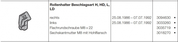 Hörmann Rollenhalter links Beschlagsart H, HD, L Industrie BR 20, 3033260