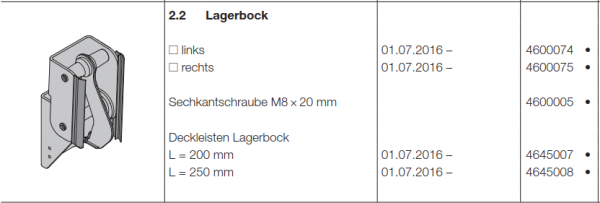 Hörmann Lagerbock links, Doppelgaragen-Schwingtor N 500, 4600074