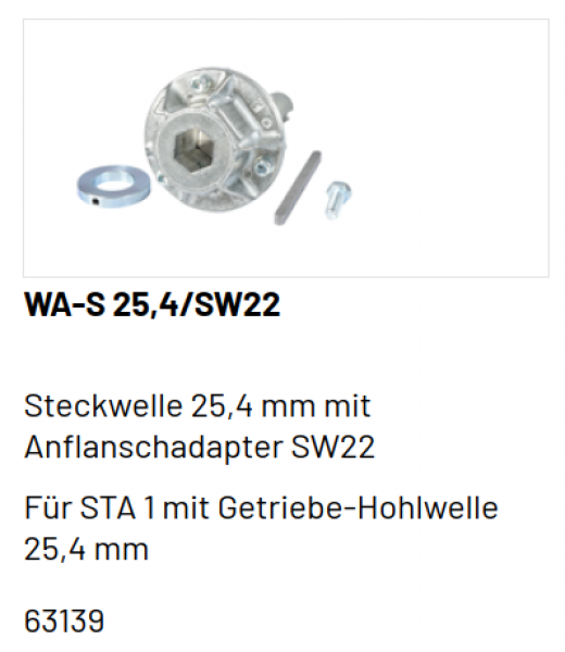 Marantec Steckwelle 25,4 mm mit Adapter für Federwelle mit  6- Kant SW 22, 63139