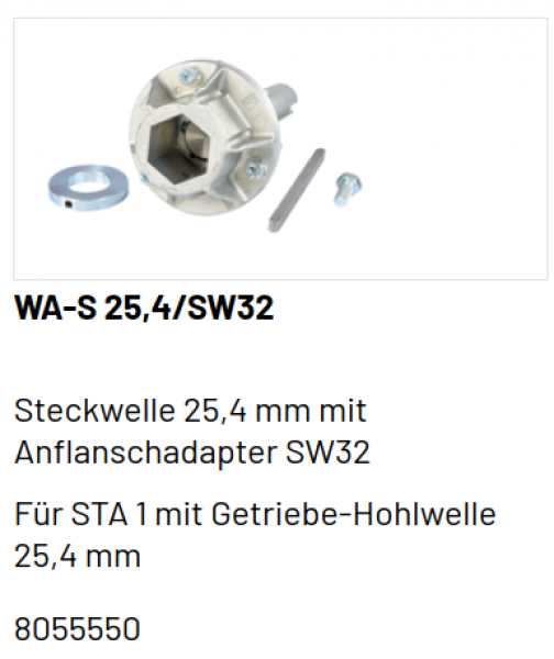 Marantec Steckwelle 25,4 mm mit Adapter für Federwelle mit  6- Kant SW 32, 8055550