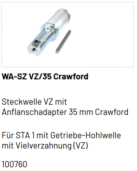 Marantec Steckwelle, Vielverzahnung mit Anflanschadapter für Federwelle 35 mm Passfederprofil, Crawford Tore,100760