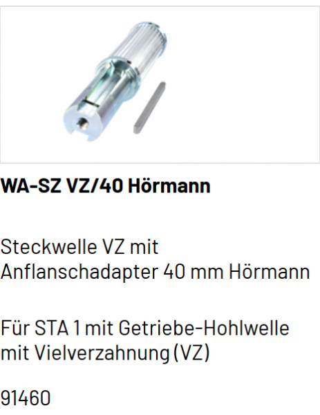 Marantec Steckwelle, Vielverzahnung mit Anflanschadapter für Hörmann Tore mit der Federwelle 40mm, 91460