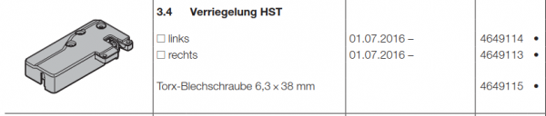 Hörmann Verriegelung HST links, Doppelgaragen-Schwingtor N 500, 4649114
