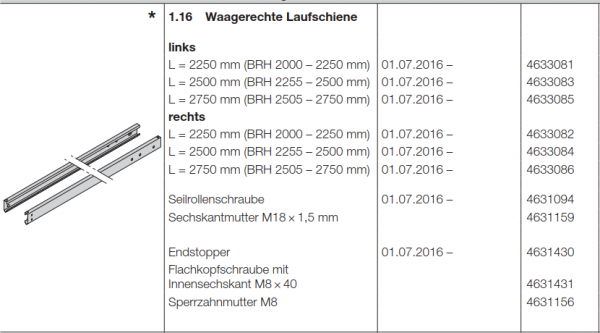 Hörmann waagerechte Laufschiene rechts L = 2500 mm, Doppelgaragen-Schwingtor N 500, 4633084