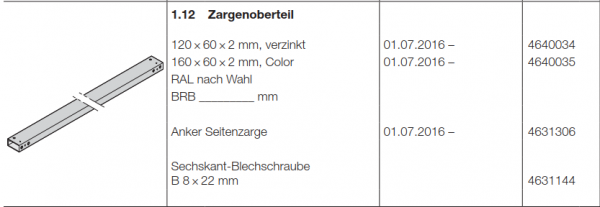 Hörmann Zargenoberteil verzinkt, Doppelgaragen-Schwingtor N 500, 4640034